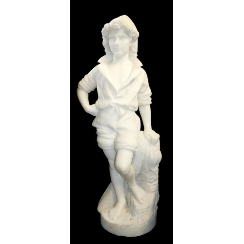AN ITALIAN WHITE MARBLE CARVED STATUE Young fisherman in tr...