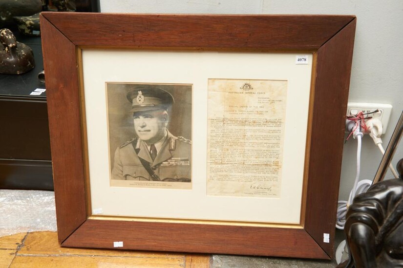 AN OAK FRAMED WWII AUSTRALIAN IMPERIAL FORCES SPECIAL ORDER OF THE DAY LETTER AND PHOTO TO LIEUTENANT-GENERAL SIR THOMAS BLAMEY CB C...