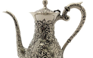 ANTIQUE 925 STERLING SILVER HANDMADE FLORAL CHASED COFFEE TEA POT OIL PITCHER