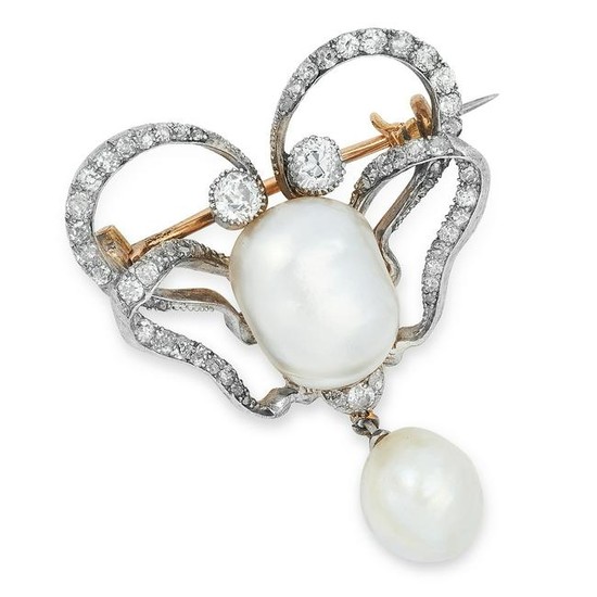 ANTIQUE NATURAL PEARL AND DIAMOND BROOCH set with a