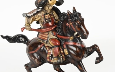ANTIQUE SAMURAI HAND PAINTED IRON WARRIOR W HORSE