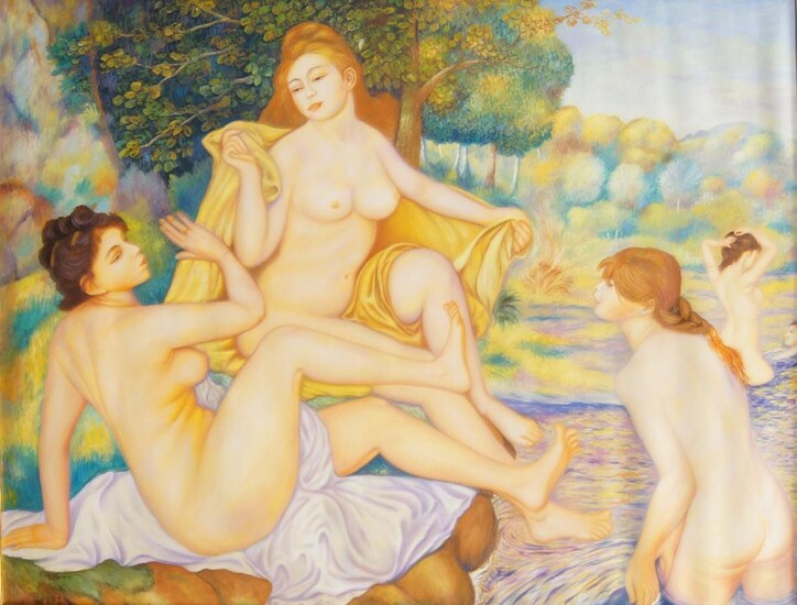 After Pierre-Auguste Renoir, French 1841-1919- Les Grandes Baigneuses; oil on canvas, bears signature lower left, 97.5 x 128 cm. Note: This painting is a copy after the original, held in the Philadelphia Museum of Art, Philadelphia.