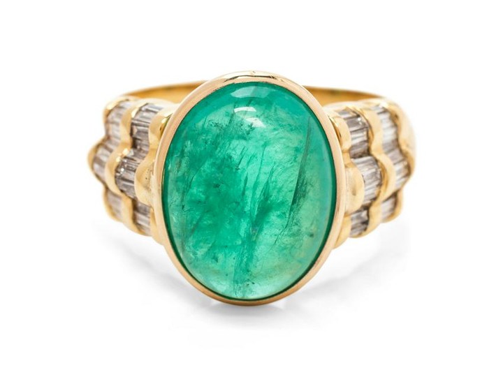 An 18 Karat Yellow Gold, Emerald and Diamond Ring
