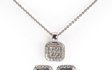 An 18ct white gold diamond pendant and earring set set