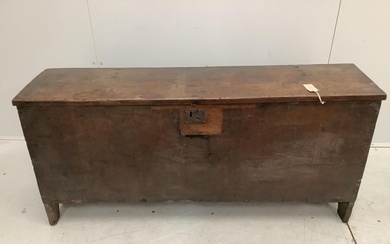 An 18th century and later oak six plank coffer, width 130cm,...