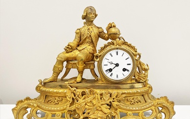 An Antique French Pouille a Paris Mantel Clock, Gilt Ormolu, Seated Figure of a French Explorer with World Globe, White Enamel Dial & Roman Numerals