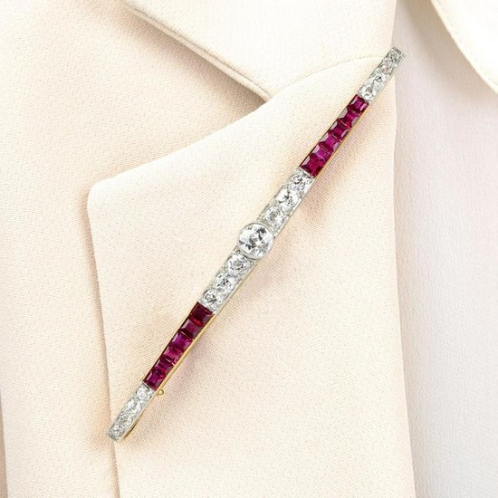 An Art Deco 18ct gold and platinum, Burmese ruby and