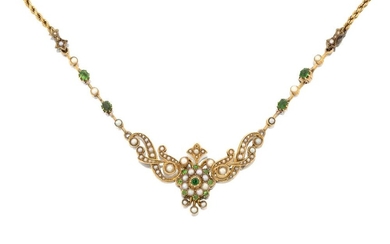 An Edwardian gold, demantoid garnet and pearl necklace, of swag design with central demantoid garnet and half-pearl cluster to chain-link half-pearl scroll shoulders and demantoid garnet and seed pearl line detail to a Prince-of-Wales link back...