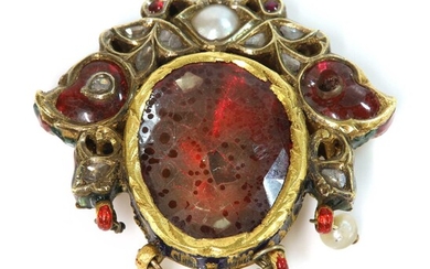 An Indian antique foiled spinel, pearl, diamond and enamel pendant