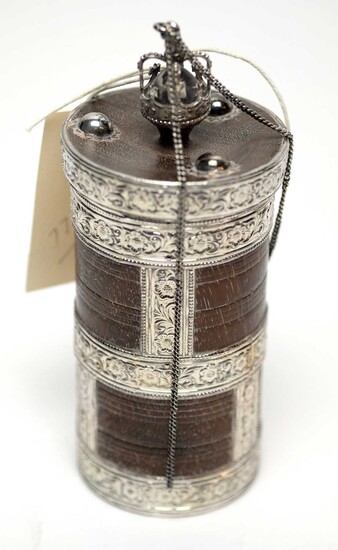 An Indian white-metal mounted hardwood spice jar