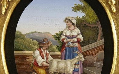 An Italian micromosaic of a peasant couple & goat