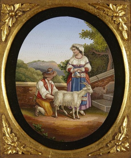An Italian micromosaic of a peasant couple & goat