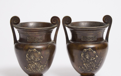 An Unusual Pair of Bronze 'Fujin and Raijin' Vases in the Form of Volute Kraters, Signed, Meiji Period (1868-1912)