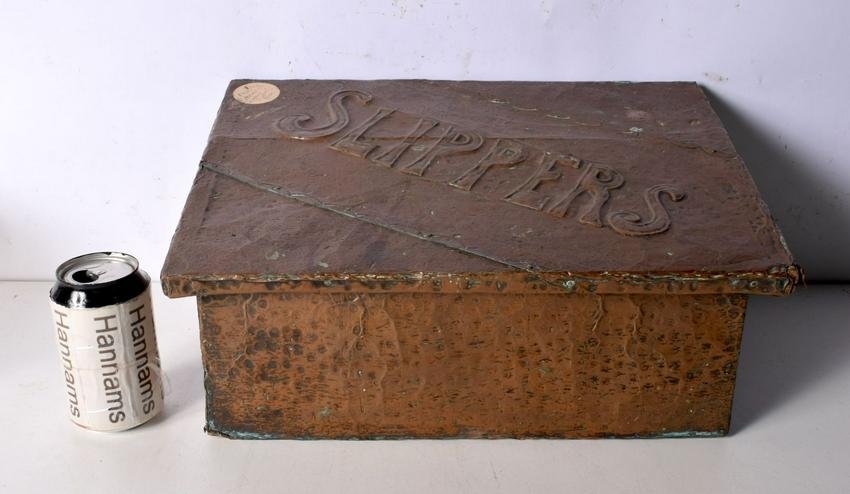 An antique copper and wood slipper box 19x40x28cm.