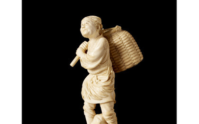 An ivory okimono of a fisherman carrying a basket on his shoulders (slight defects) Japan, early 20th century (h. 18.5...