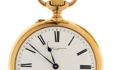An open-face keyless lever pocket watch, by Vacheron & Constantin, the white enamel dial with Roman numerals, subsidiary dial for constant seconds, blued steel hands (hour hand bent) signed Vacheron & Constantin, Geneve, the jewelled lever movement...