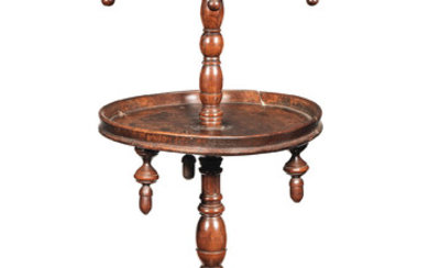 An unusual George III fruitwood turner's two-tier tripod table, circa 1800