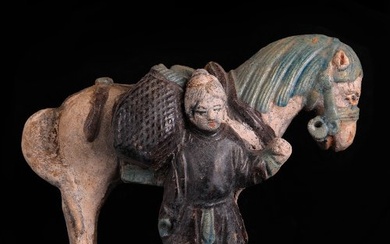 Ancient Chinese Terracotta Glazed Figurine Accompanied by Horse