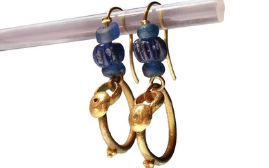 Ancient Roman, Empire Gold earrings with grapes and shield decoration and azure melon beads, antique Earrings