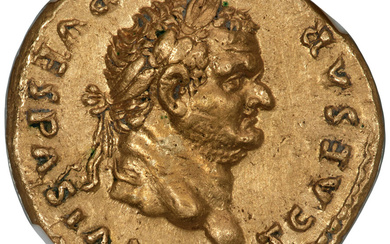 Ancients: , Titus, as Caesar (AD 79-81). AV aureus (19mm, 7.21 gm, 8h). NGC AU 5/5 - 3/5, Fine Style....