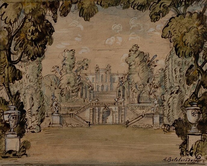 Andrei Yakovlevich Beloborodoff, Russian 1886-1965 - A Design for an Open-Air theatre at Ivy House, Golders Green, Home Of Anna Pavlova; watercolour on card, heightened with bodycolour and pen & sepia ink, signed lower right 'A Beloborodoff'...