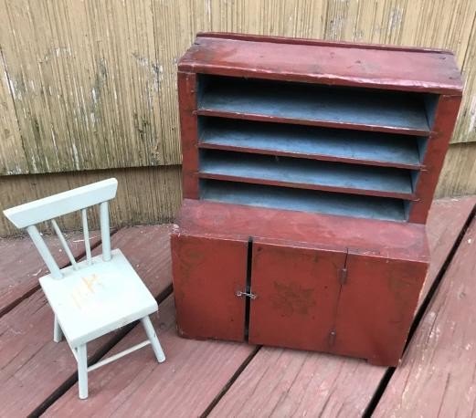 Antique 19th C Doll Size Hutch & Side Chair