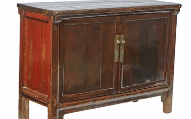 Antique Chinese Lacquered Sideboard, mid 19th c., with a rounded corner top, over double cupboard