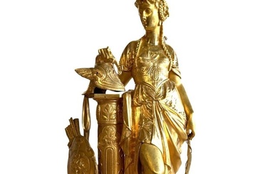 Antique French Empire Hunter Woman Gilt Bronze Sculpture