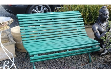 Antique French iron and wooden garden bench, dark green pain...
