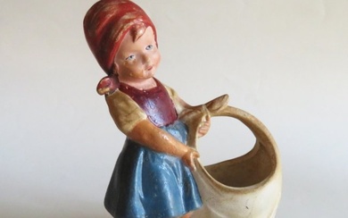 Antique German Hand Painted Bisque Girl Figurine with Basket, 1900s