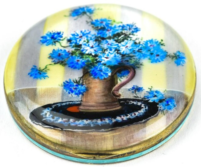 Antique Hand Painted Enamel & Sterling Compact