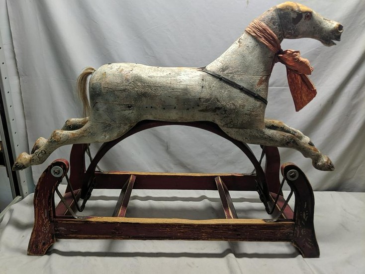 Antique Hand Painted Wood Carved Large Rocking Horse