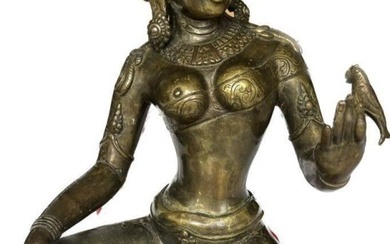 Antique Nepalese Heavy Bronze Statue Meenakshi with Parrot Signed