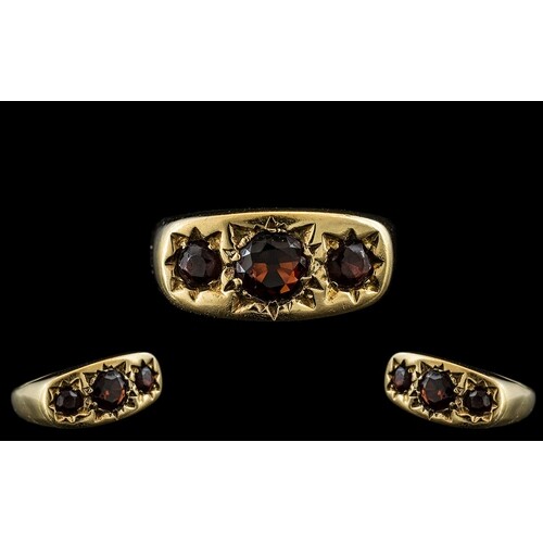 Antique Period - Pleasing 3 Stone Fire Garnet Set Ring. Mark...