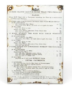 Antique horse drawn cab enamel plaque explaining fares, 23cm...