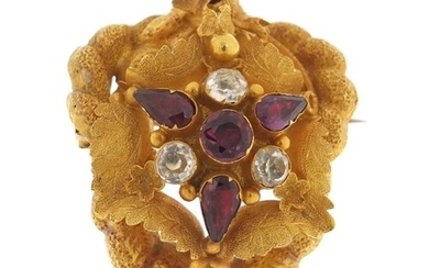 Antique unmarked gold fruit vine brooch, set with pink and c...