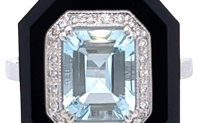 Aquamarine, Diamond and Black Onyx Ring
