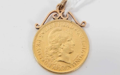 Argentina gold 5 pesos coin, 1883, with gold pendant mount
