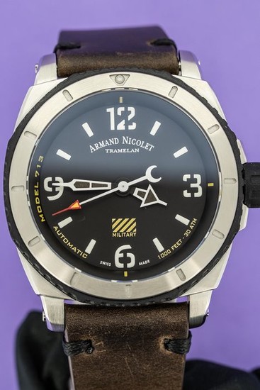 Armand Nicolet - Automatic S05-3 Diver Military Black Dial with Hand Made Leather Strap - A713PGN-NR-PK4140TM - Men - Brand New