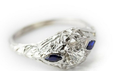Art Deco Diamond & Sapphire 18k White Gold Ring