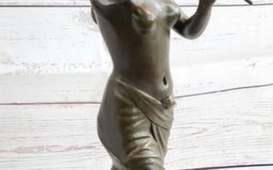 Art Deco Indian Girl W/ Flute Bronze Statue Figurine Semi Nude by J. Angles Statue