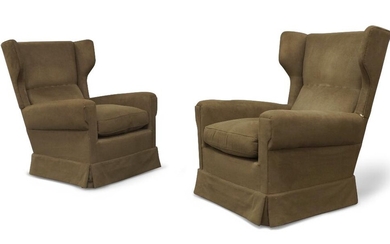 Attributed to Paolo Buffa (1903-1970), a pair of wingback lounge chairs, c.1950, green fabric, beech, each 96cm high, 76cm wide (2)