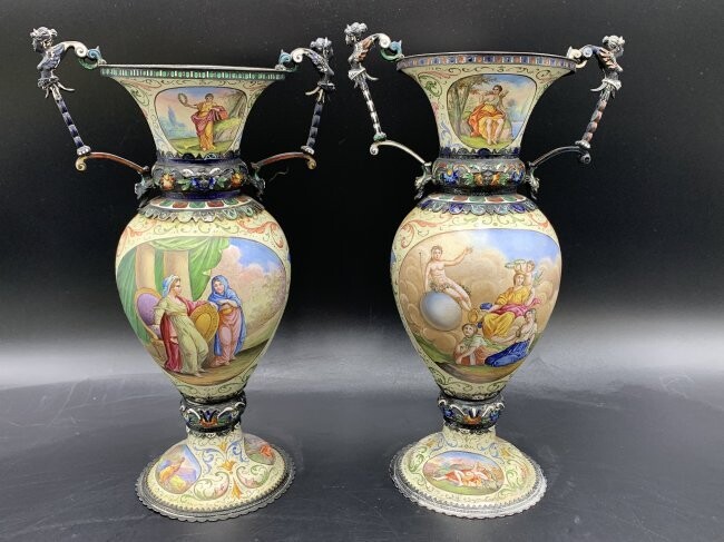 Viennese-Austrian Enamel over Silver Hermann Bohn Vases
