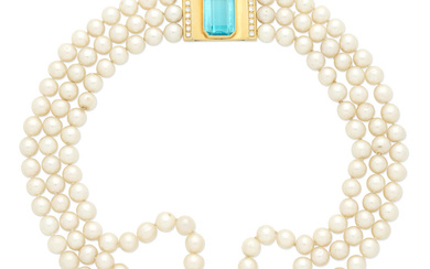 BLUE TOPAZ, DIAMOND AND CULTURED PEARL NECKLACE