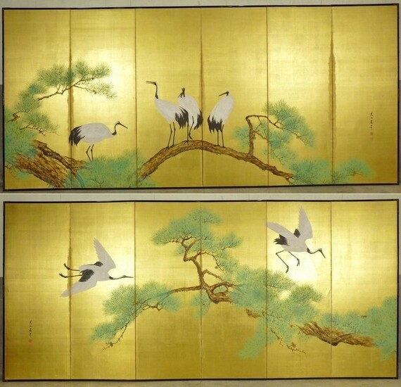 Beautiful pair of byōbu (folding screen) with six panels - Goldleaf,wood - Kajino Genzan 梶野玄山 (1868-1939) - Decorated with cranes and pines - Signed Genzan Shin'ei 玄山晨英 - Japan - Early 20th century (Late Meiji/Early Taisho)