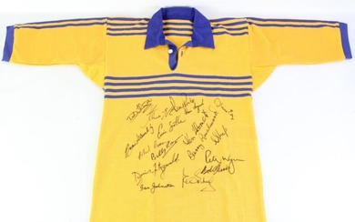 "Blazed in Glory" NRL parramatta Eels Rugby League Legends Jersey featuring 17 signatures incl. many hall of fame players