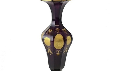 Bohemian Amethyst Cut Glass Vase, c1900. Hand Painted Gilt Birds Instruments