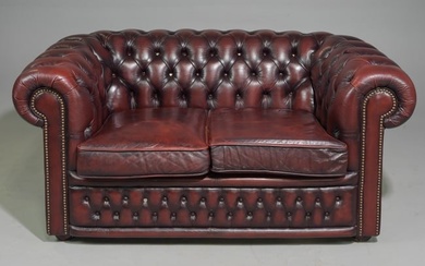 British Red Leather Chesterfield Loveseat