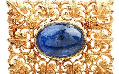 Buccellati GIA NO HEAT Blue Sapphire 18K Gold Floral Square Brooch Pin