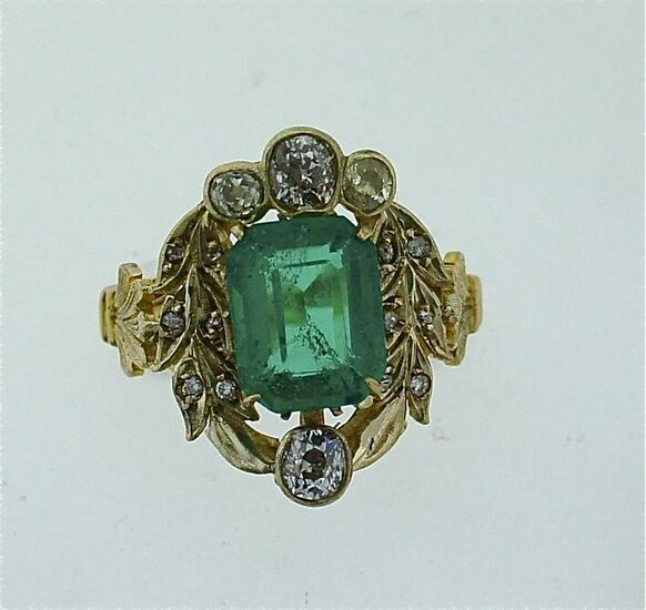 C.1905 UNIQUE 14K YELLOW GOLD DIAMOND GREEN STONE RING
